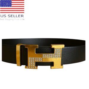 Elegant Fashion Belt Rhinestone Gold Buckle PU Leather Black Length 50 in